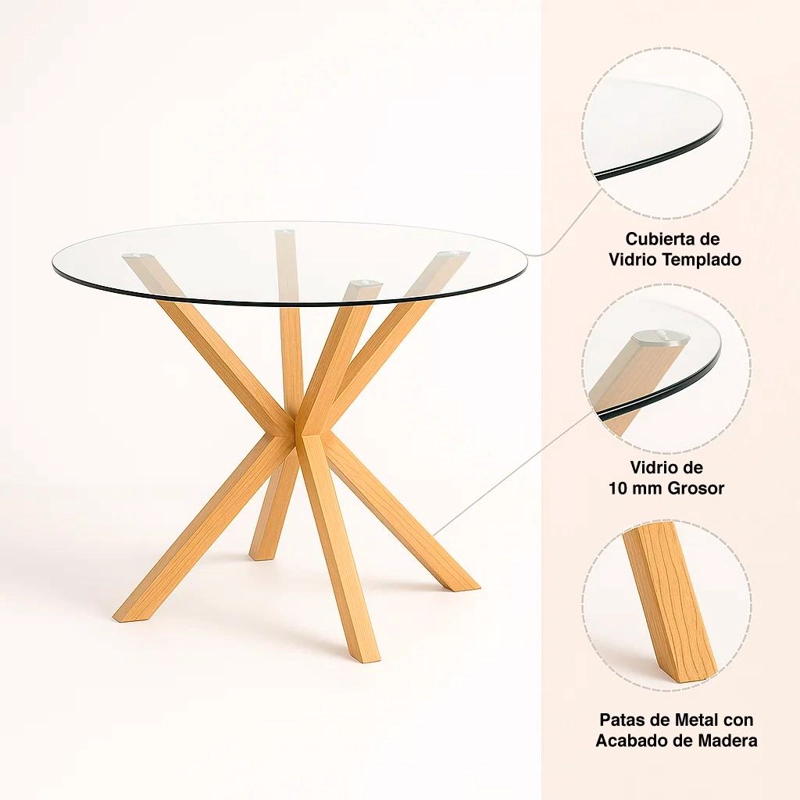 MESA COMEDOR KLIK MUEBLES CROSS REDONDA VIDRIO 120CM ACERO - 5