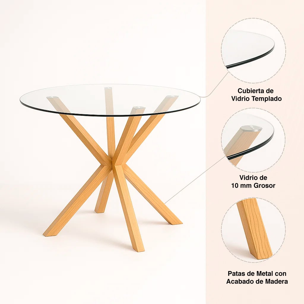 MESA COMEDOR KLIK MUEBLES CROSS REDONDA VIDRIO 120CM ACERO - 5