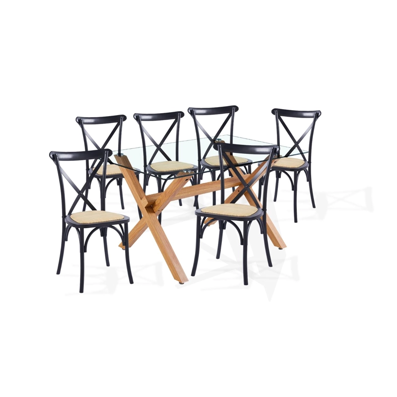 COMEDOR MESA DE VIDRIO CROSS 140X90 + 6 SILLAS CROSSBACK MADERA NEGRAS - 1