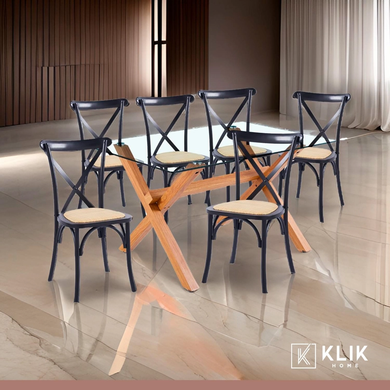 COMEDOR MESA DE VIDRIO CROSS 140X90 + 6 SILLAS CROSSBACK MADERA NEGRAS - 2