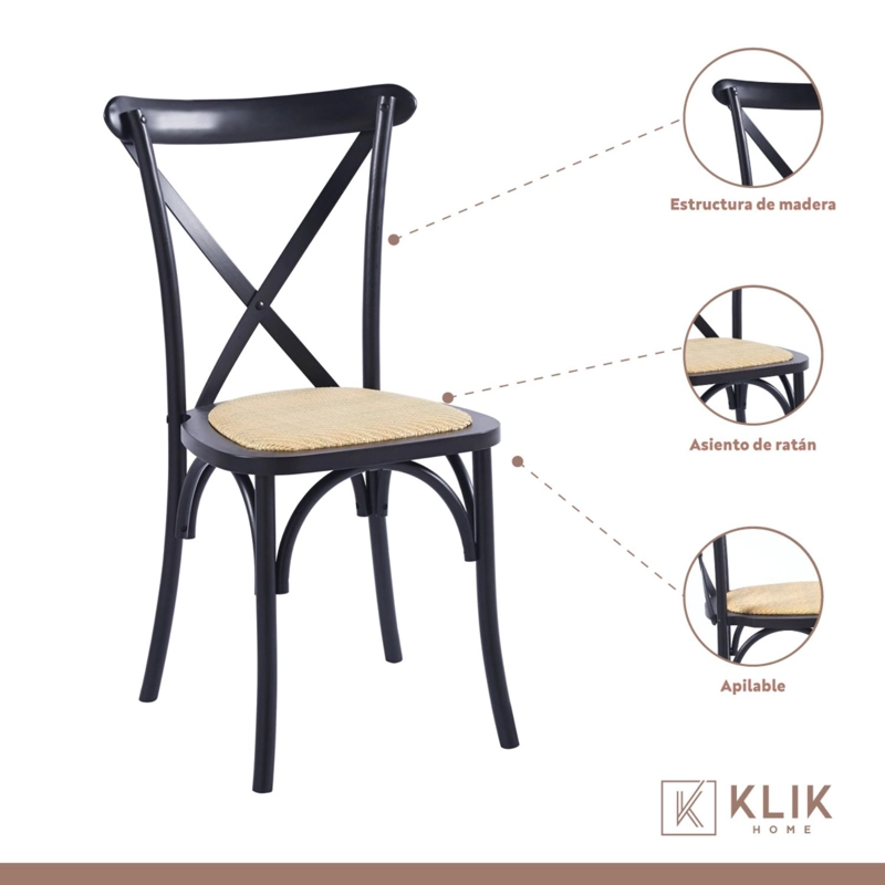 COMEDOR MESA DE VIDRIO CROSS 140X90 + 6 SILLAS CROSSBACK MADERA NEGRAS - 4