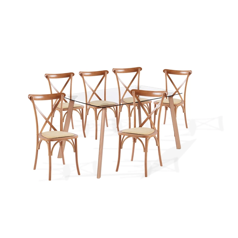 COMEDOR KLIK MUEBLES 4 CUERPOS VIDRIO CAFE CLARO MESA NÓRDICA 140X90 CM + 6 SILLAS CROSSBACK MADERA - 1