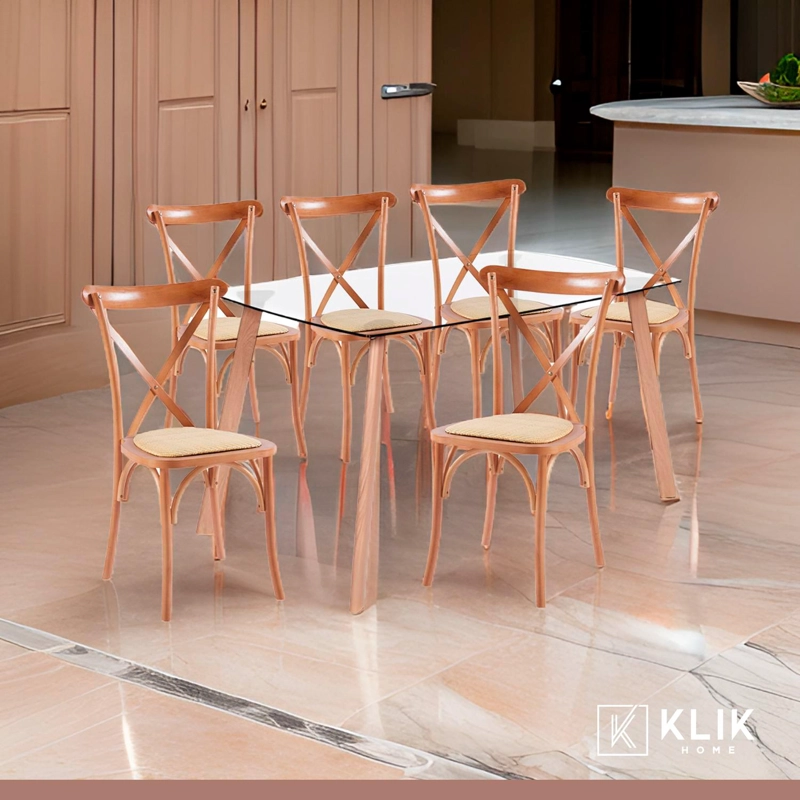 COMEDOR KLIK MUEBLES 4 CUERPOS VIDRIO CAFE CLARO MESA NÓRDICA 140X90 CM + 6 SILLAS CROSSBACK MADERA - 2