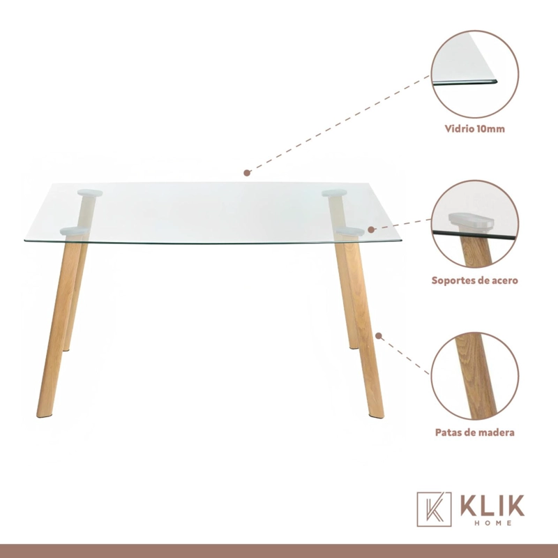 COMEDOR KLIK MUEBLES 4 CUERPOS VIDRIO CAFE CLARO MESA NÓRDICA 140X90 CM + 6 SILLAS CROSSBACK MADERA - 3