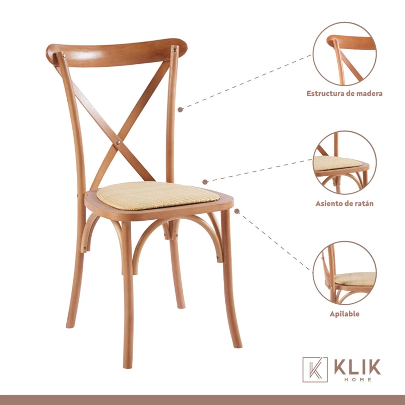 COMEDOR KLIK MUEBLES 4 CUERPOS VIDRIO CAFE CLARO MESA NÓRDICA 140X90 CM + 6 SILLAS CROSSBACK MADERA - 4
