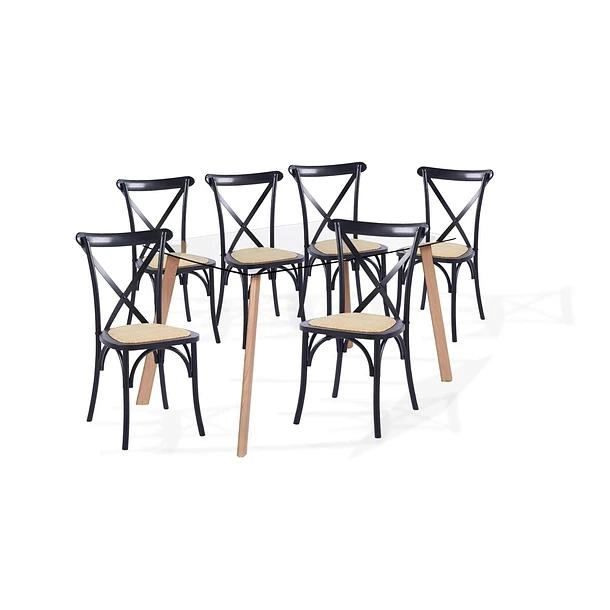 COMEDOR KLIK MUEBLES 4 CUERPOS VIDRIO NEGRAS MESA NÓRDICA 140X90CM + 6 SILLAS CROSSBACK MADERA - 1