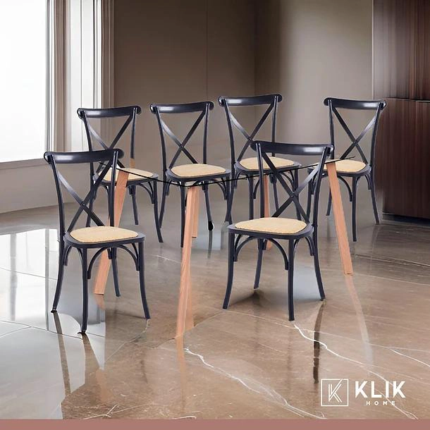 COMEDOR KLIK MUEBLES 4 CUERPOS VIDRIO NEGRAS MESA NÓRDICA 140X90CM + 6 SILLAS CROSSBACK MADERA - 2