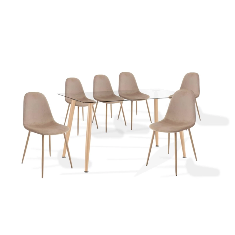 COMEDOR MESA DE VIDRIO 120X80 + 6 SILLAS SPOON TERCIOPELO BEIGE - 1