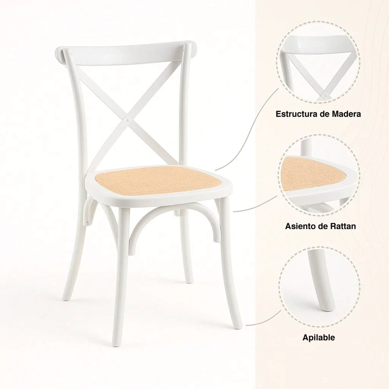 PACK DE 4 SILLAS CROSSBACK MADERA RATTAN - BLANCAS - 5