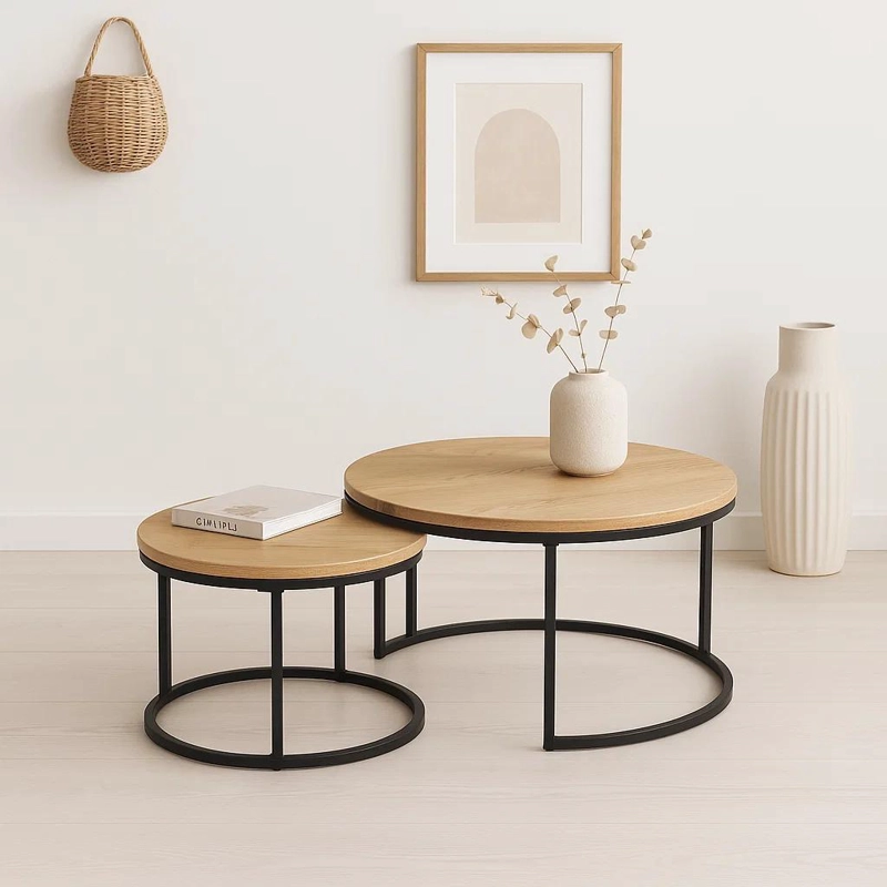 JUEGO MESAS CENTRO KLIK MUEBLES ANIDADAS MADERA CLARA METAL - 2