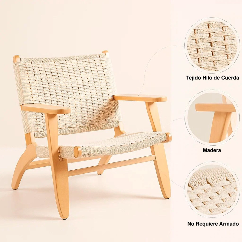BUTACA KLIK MUEBLES DANESA WEGNER MADERA CAFE CLARO SITIAL HILO CUERDA - 5