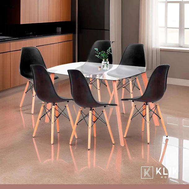 COMEDOR MESA DE VIDRIO NORDICA 140X90 CM + 6 SILLAS EAMES NEGRAS - 2