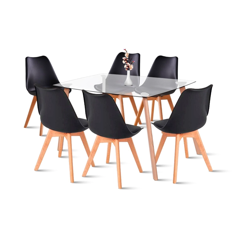 COMEDOR MESA DE VIDRIO NORDICA 140X90 CM + 6 SILLAS TULIP NEGRAS - 1