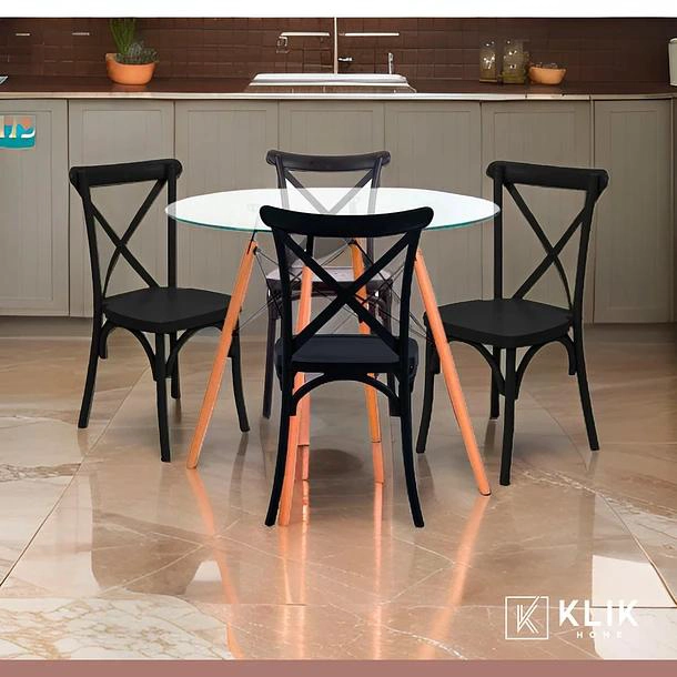 COMEDOR MESA EAMES VIDRIO 80CM + 4 SILLAS CROSSBACK EN COLOR NEGROS - 2