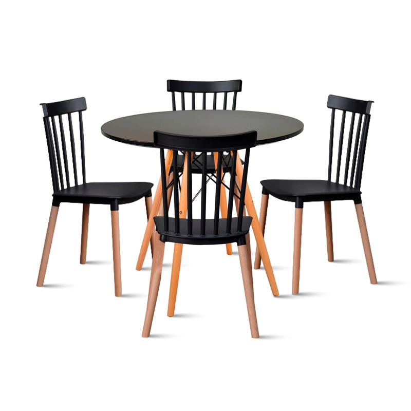 COMEDOR MESA REDONDA NEGRA 80CM + 4 SILLAS WINDSOR NEGRAS - 1
