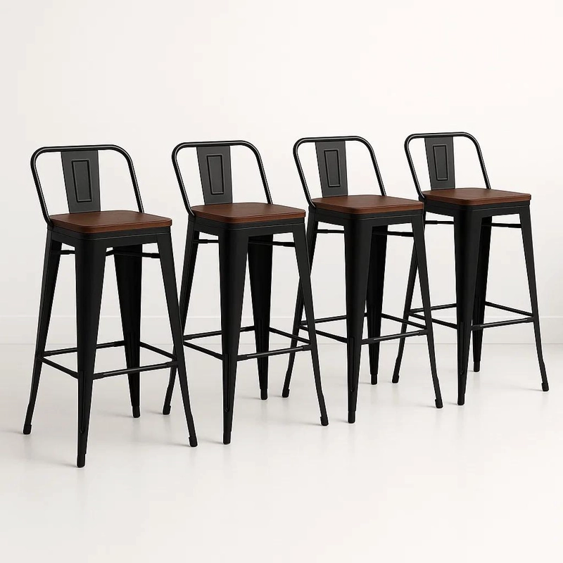 TABURETES KLIK MUEBLES TOLIX 1 CUERPO NEGRO PACK 4 CON ASIENTO MADERA OSCURA WALNU
