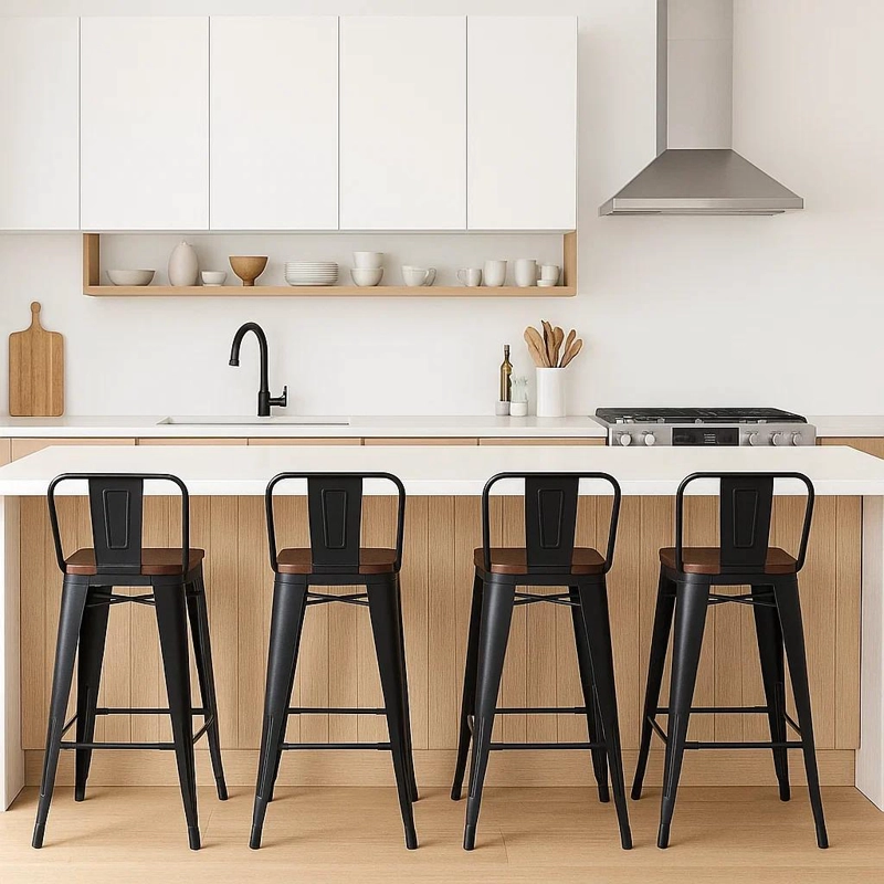 TABURETES KLIK MUEBLES TOLIX 1 CUERPO NEGRO PACK 4 CON ASIENTO MADERA OSCURA WALNU - 3