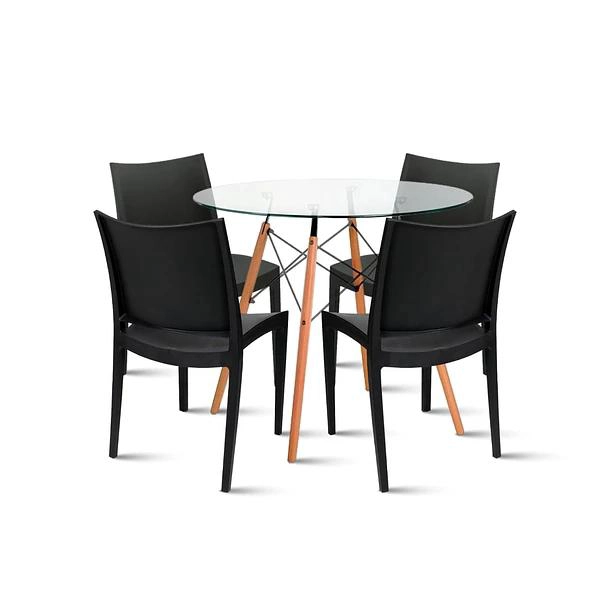 COMEDOR MESA EAMES DE VIDRIO 100CM + 4 SILLAS DE TERRAZA EXTERIOR - NEGRAS - 1