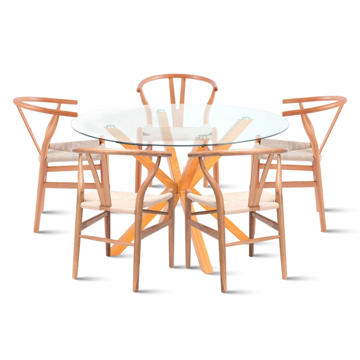 COMEDOR MESA REDONDA DE VIDRIO CROSS 120CM + 5 SILLAS WISHBO - 1
