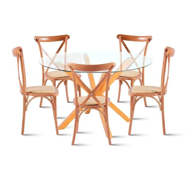 COMEDOR REDONDA DE VIDRIO CROSS 120CM + 5 SILLAS CROSSBACK MADERA - 1