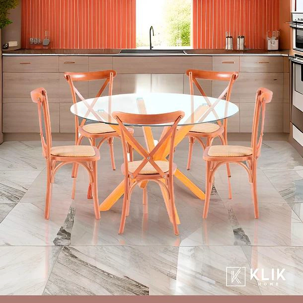 COMEDOR REDONDA DE VIDRIO CROSS 120CM + 5 SILLAS CROSSBACK MADERA - 2