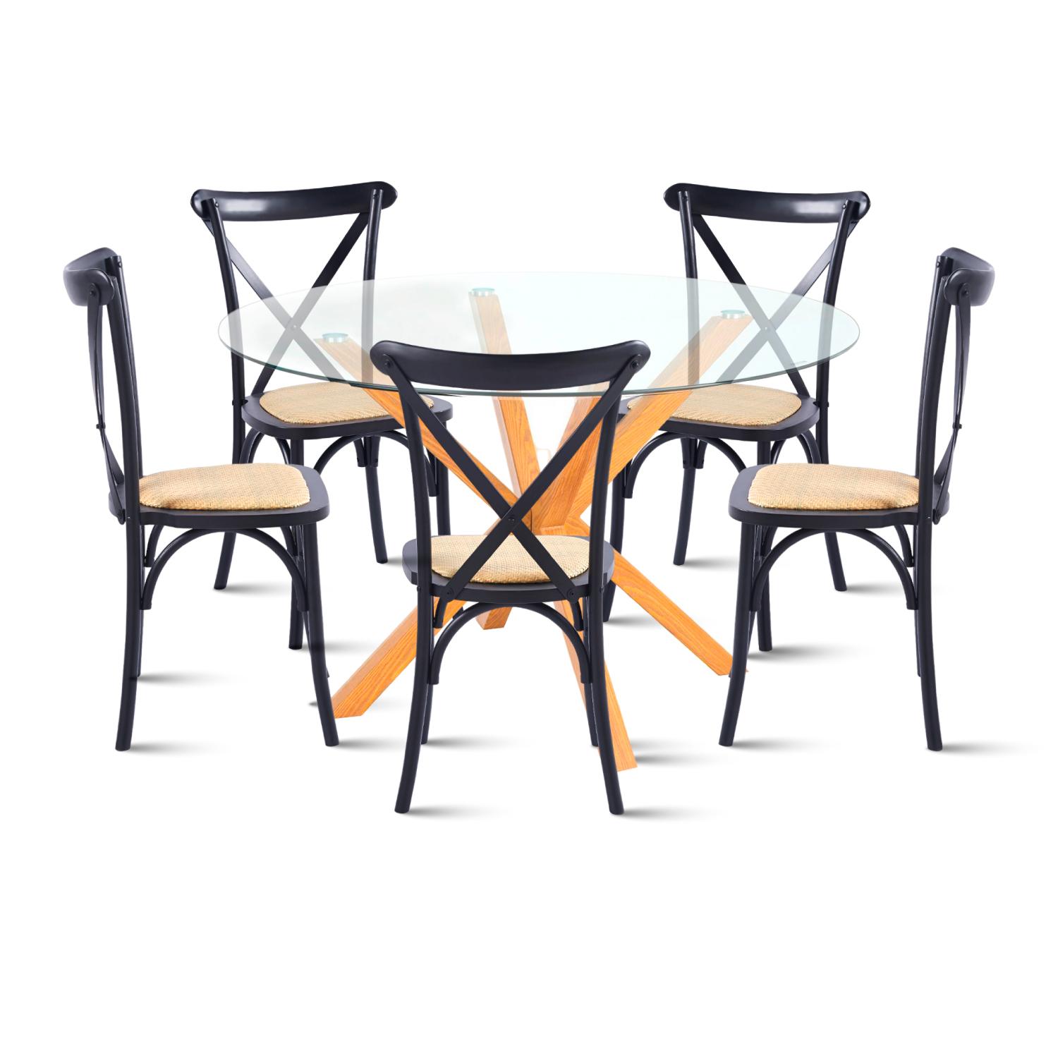 COMEDOR REDONDA DE VIDRIO CROSS 120CM + 5 SILLA CROSSBACK MA - 1
