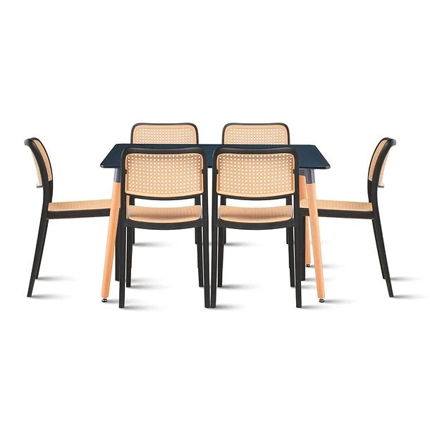 COMEDOR MESA 120X80 RECTANGULAR NEGRA + 6 SILLAS DE COMEDOR ENREJADA - 1