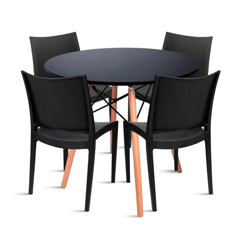 COMEDOR EAMES 100CM REDONDA EN COLOR NEGRO + 4 SILLAS TIPO RESTAURANT - 1