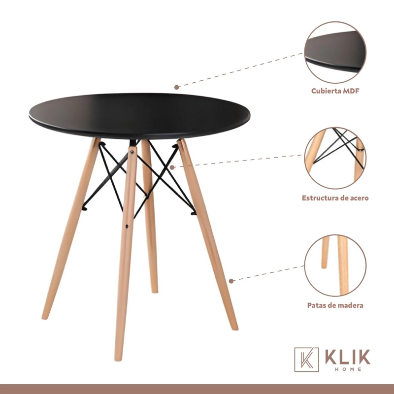 COMEDOR EAMES 100CM REDONDA EN COLOR NEGRO + 4 SILLAS TIPO RESTAURANT - 4