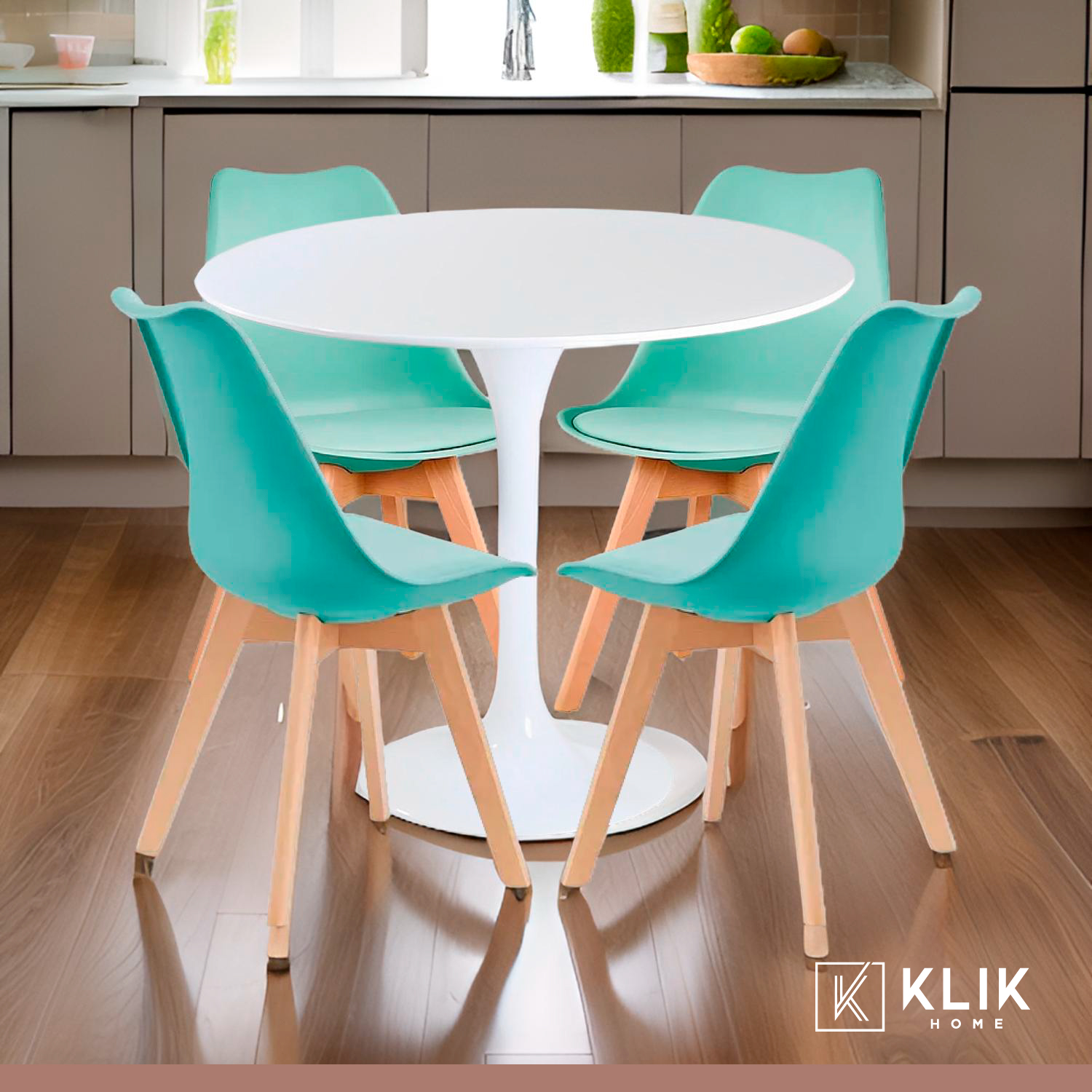 COMEDOR MESA TULIP BLANCA + 4 SILLAS TULIP ACOLCHADA - MENTA - 9