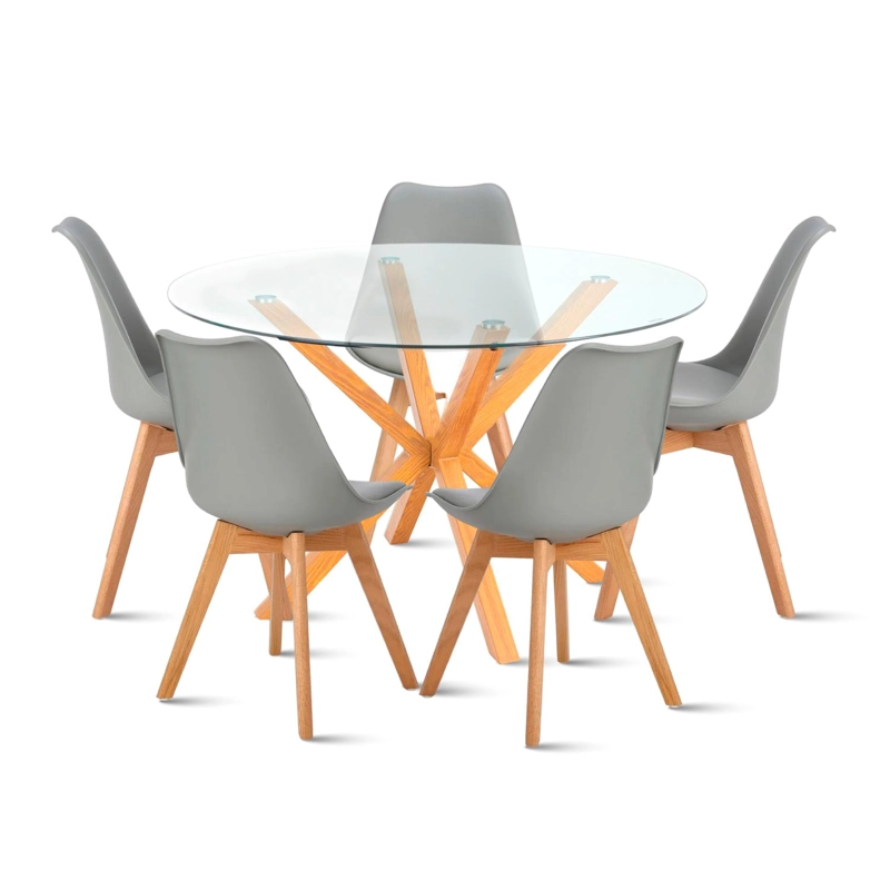 COMEDOR REDONDO DE VIDRIO CROSS 120CM + 5 SILLA TULIP ACOLCHADA - GRIS - 1
