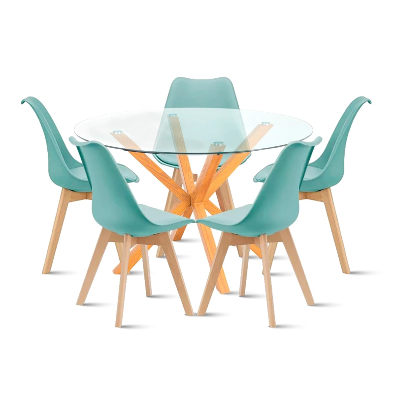 COMEDOR REDONDO DE VIDRIO CROSS 120CM + 5 SILLA TULIP ACOLCHADA - MENTA - 1
