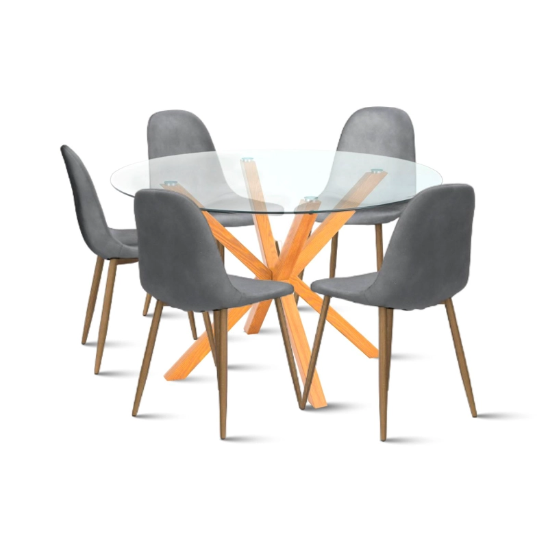 COMEDOR REDONDO VIDRIO CROSS 120CM + 5 SILLAS VELVET GRIS - 1