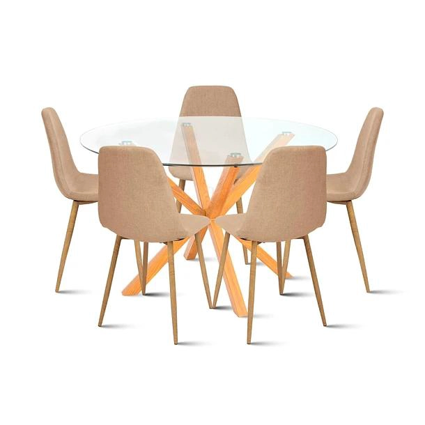 COMEDOR REDONDO DE VIDRIO CROSS 120CM + 5 SILLA SPOON VELVET - BEIGE - 1