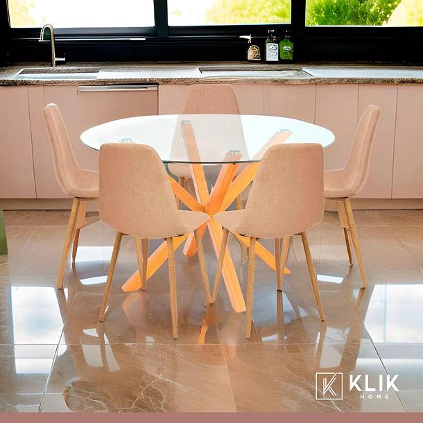 COMEDOR REDONDO DE VIDRIO CROSS 120CM + 5 SILLA SPOON VELVET - BEIGE - 2