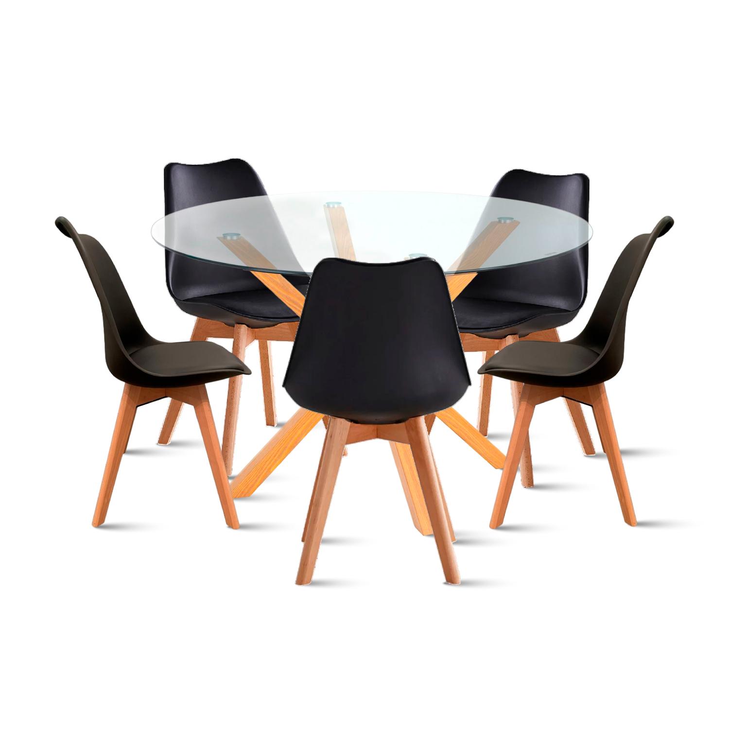 COMEDOR REDONDO DE VIDRIO CROSS 120CM + 5 SILLA TULIP ACOLCH