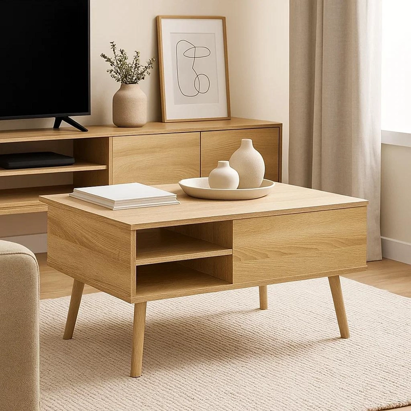 MESA CENTRO KLIK MUEBLES CROSS ELEVABLE CON BANDEJA Y ALMACENAMIENTO MADERA - 3
