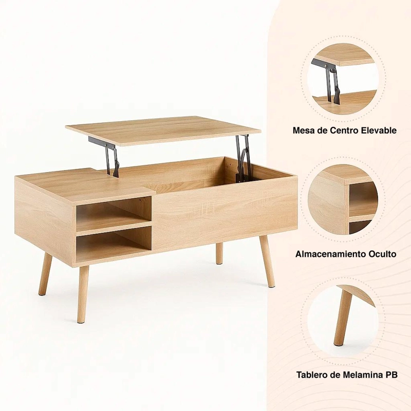 MESA CENTRO KLIK MUEBLES CROSS ELEVABLE CON BANDEJA Y ALMACENAMIENTO MADERA - 5
