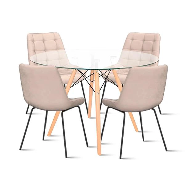 COMEDOR MESA EAMES 80CM REDONDA VIDRIO + 4 SILLA MACRON TERCIOPELO - BEIGE - 1