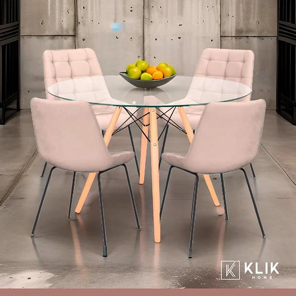 COMEDOR MESA EAMES 80CM REDONDA VIDRIO + 4 SILLA MACRON TERCIOPELO - BEIGE - 2
