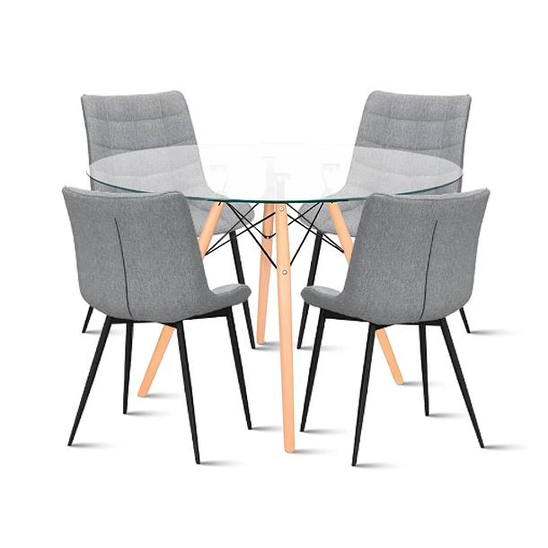 COMEDOR MESA EAMES 80CM REDONDA VIDRIO + 4 SILLA MACRON TERCIOPELO - GRIS - 1
