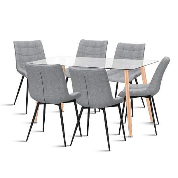 COMEDOR MESA VIDRIO RECTANGULAR 120X80 + 6 SILLA MACRON TERCIOPELO - GRIS - 1