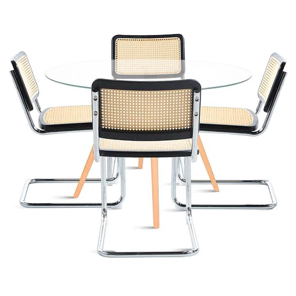 COMEDOR MESA EAMES 80CM REDONDA VIDRIO + 4 SILLAS BREUER MADERA - NEGRA - 1