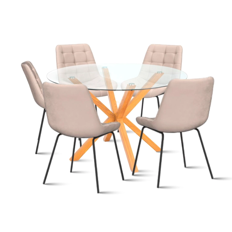 MESA DE COMEDOR REDONDA DE VIDRIO CROSS 120CM + 5 SILLA MACRON TERCIOPELO - BEIGE - 1