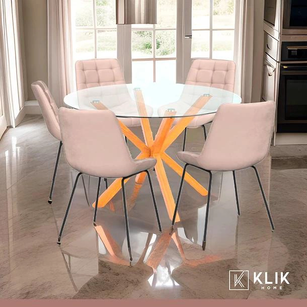 MESA DE COMEDOR REDONDA DE VIDRIO CROSS 120CM + 5 SILLA MACRON TERCIOPELO - BEIGE - 2