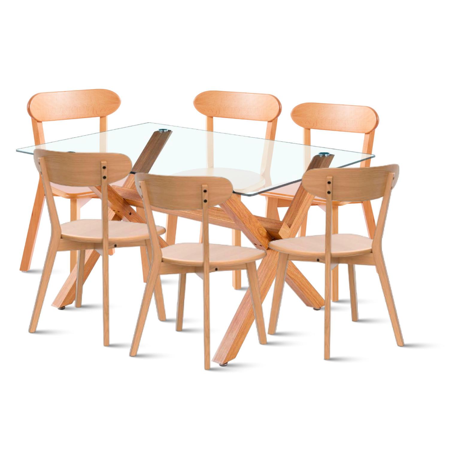 COMEDOR DE VIDRIO CROSS 140X90CM + 6 SILLAS FRESNO DE MADERA - 1
