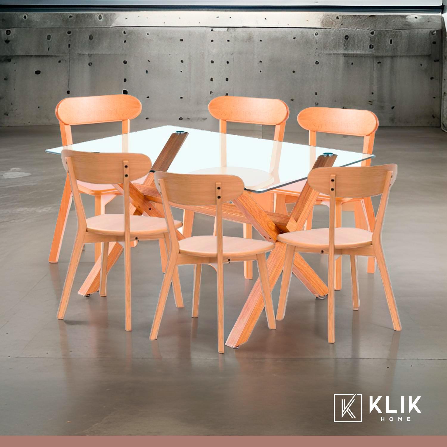 COMEDOR DE VIDRIO CROSS 140X90CM + 6 SILLAS FRESNO DE MADERA - 2