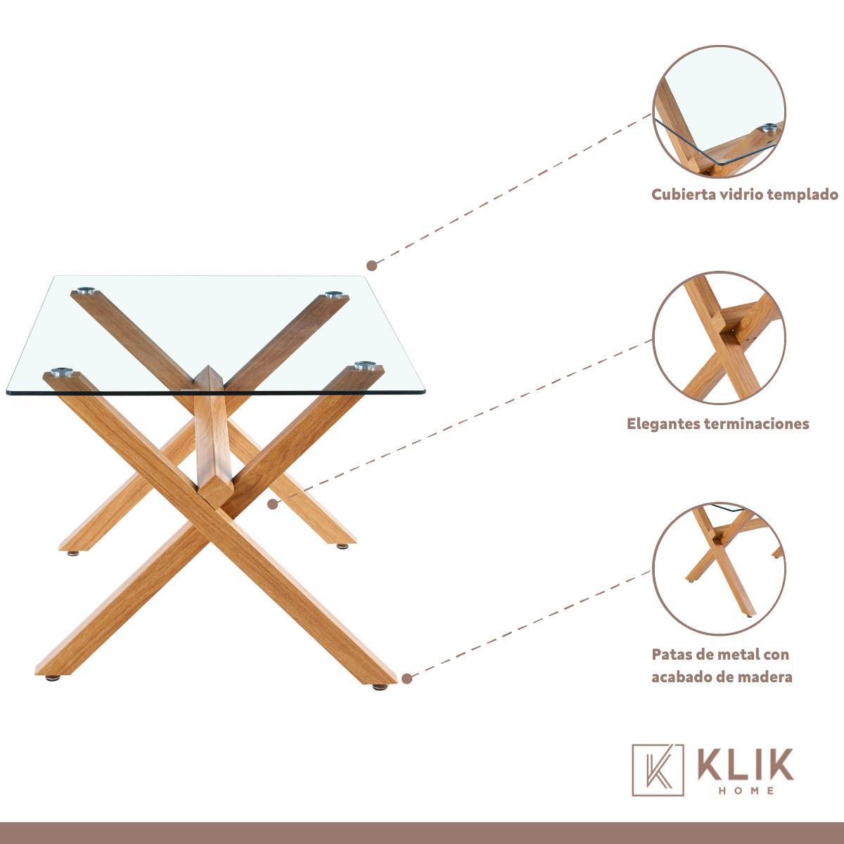 COMEDOR DE VIDRIO CROSS 140X90CM + 6 SILLAS FRESNO DE MADERA - 4