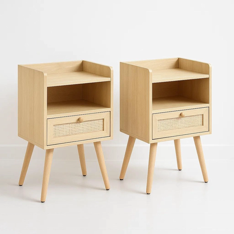 VELADORES KLIK MUEBLES MESH RATTAN MADERA CAFÉ CLARO PACK 2 CON CAJON Y ESPACIO - 1