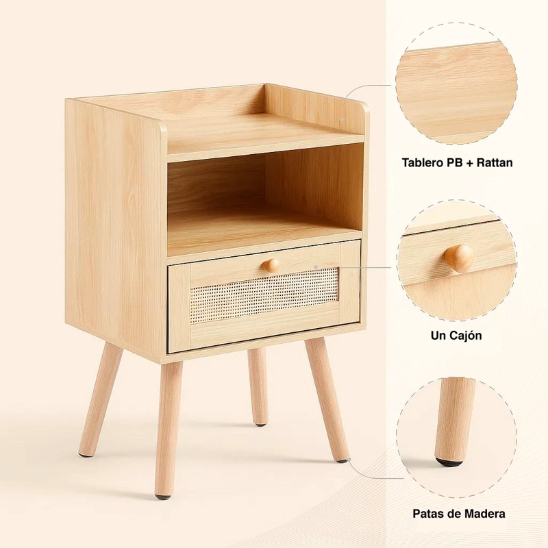 VELADORES KLIK MUEBLES MESH RATTAN MADERA CAFÉ CLARO PACK 2 CON CAJON Y ESPACIO - 5